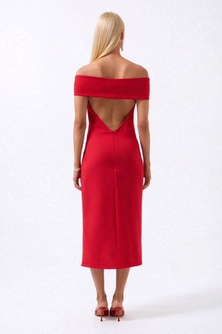 Omuz Katlama Detay Maxi Kırmızı Elbise