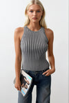 Ribbed Swim Collar Gray Blouse 