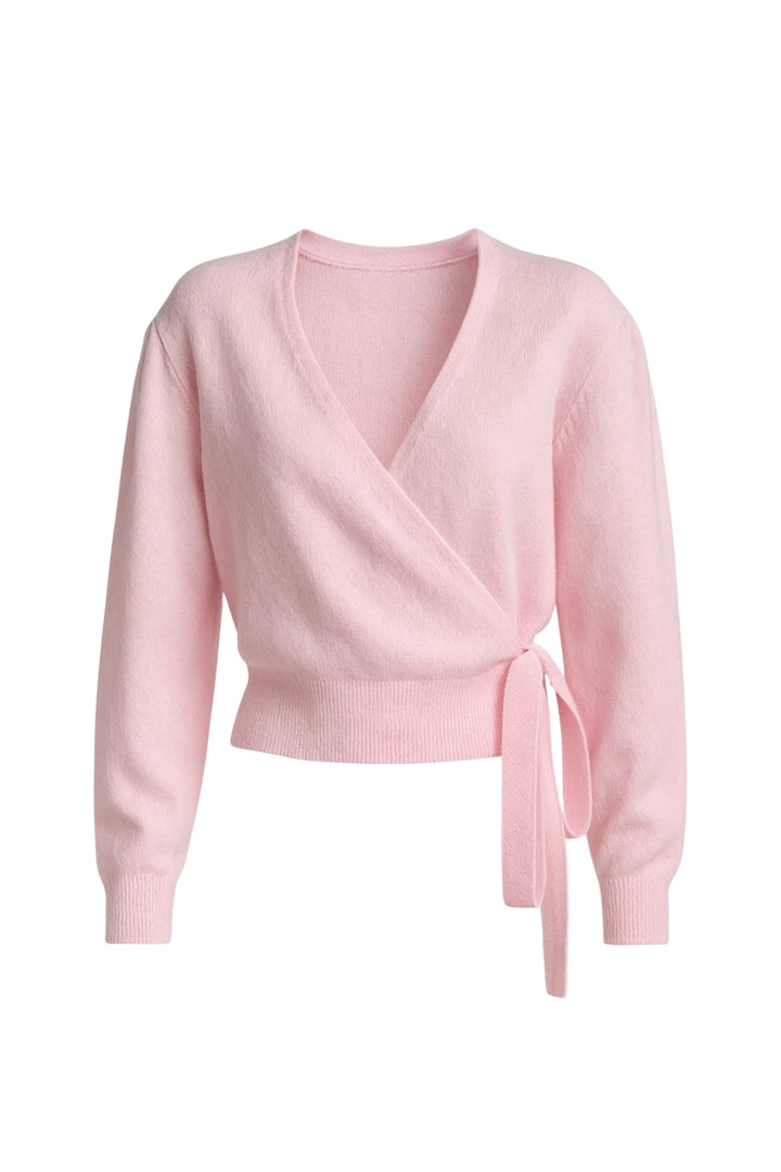 Kruvaze Bağlamalı Pembe Triko Hırka