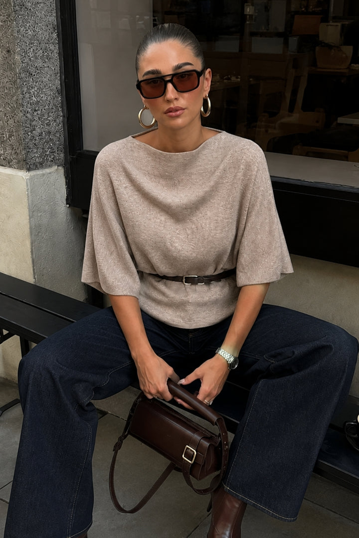 Belt Detail Short Sleeve Boat Neck Beige Knit Blouse