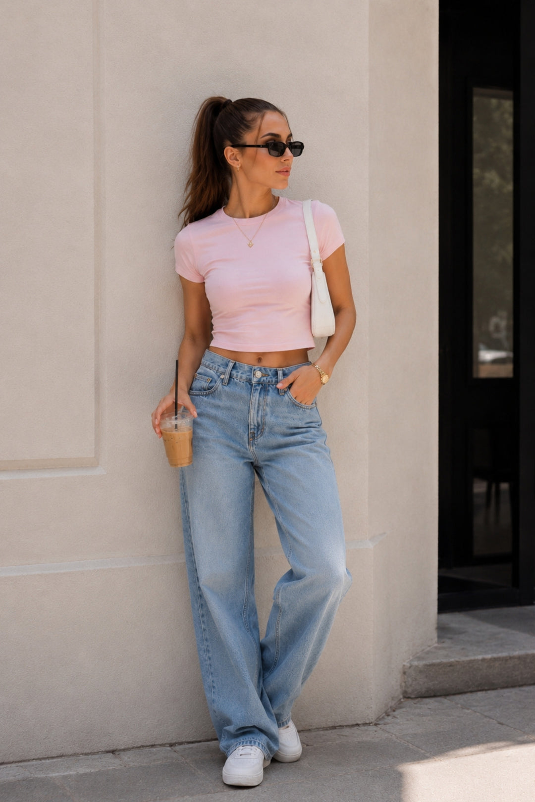 Bisiklet Yaka Likralı Pembe Crop T-Shirt