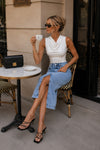 Slit Detail Denim Midi Light Blue Skirt