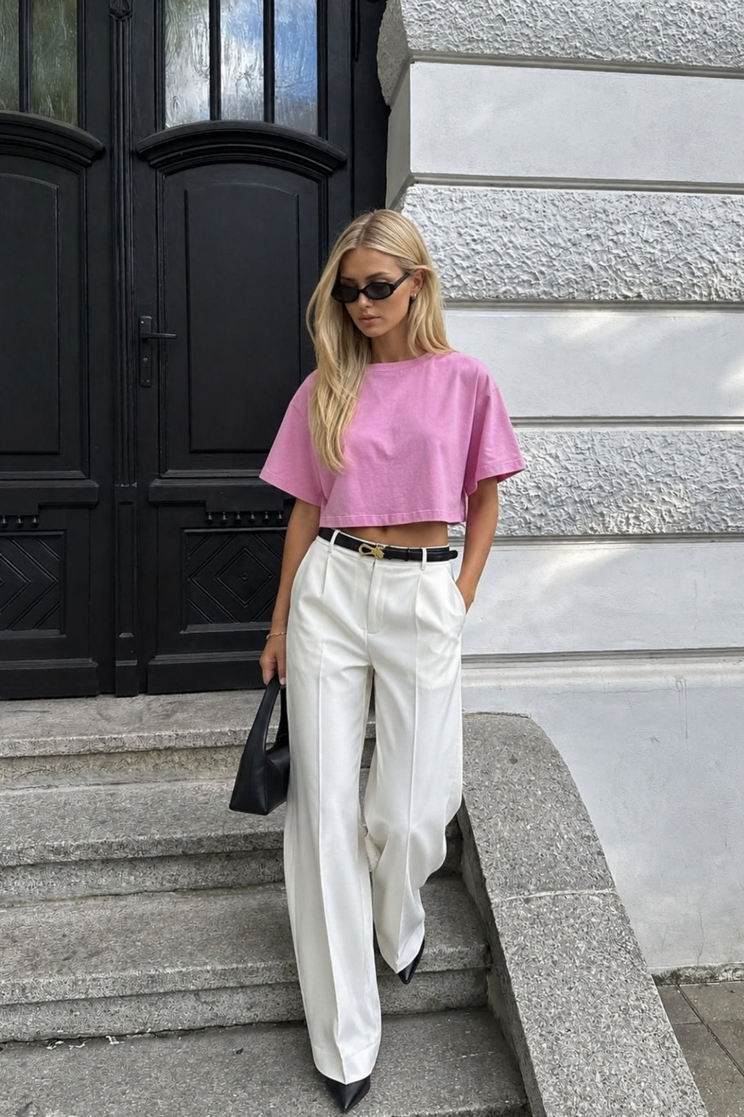 Yıkama Efektli Pembe Crop Tişört