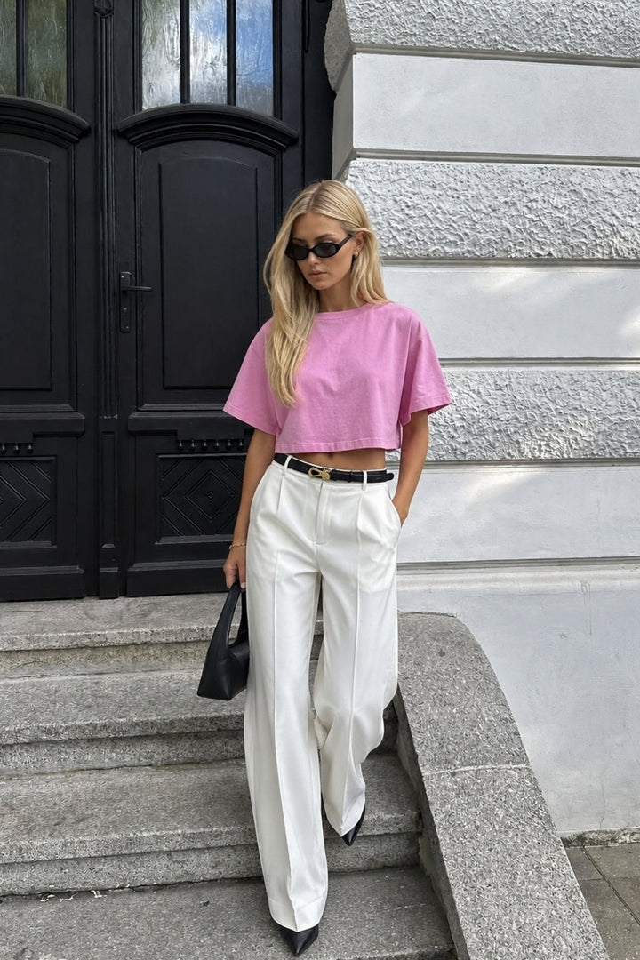 Yıkama Efektli Pembe Crop Tişört