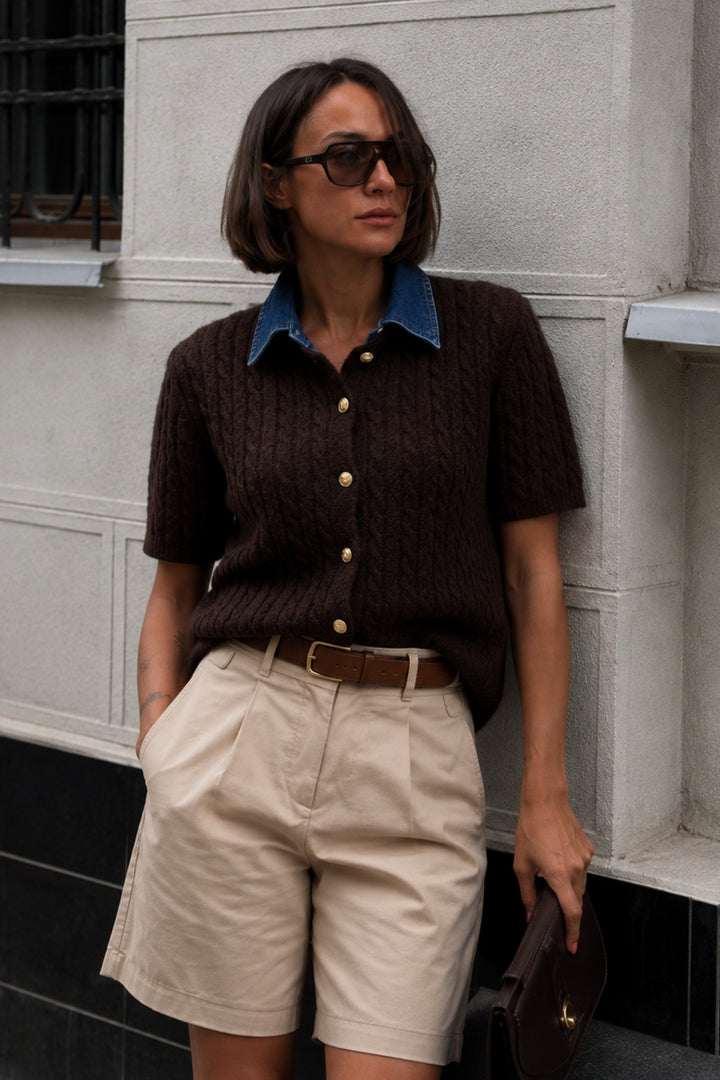 Denim Collar Gold Button Half Sleeve Brown Knit Blouse