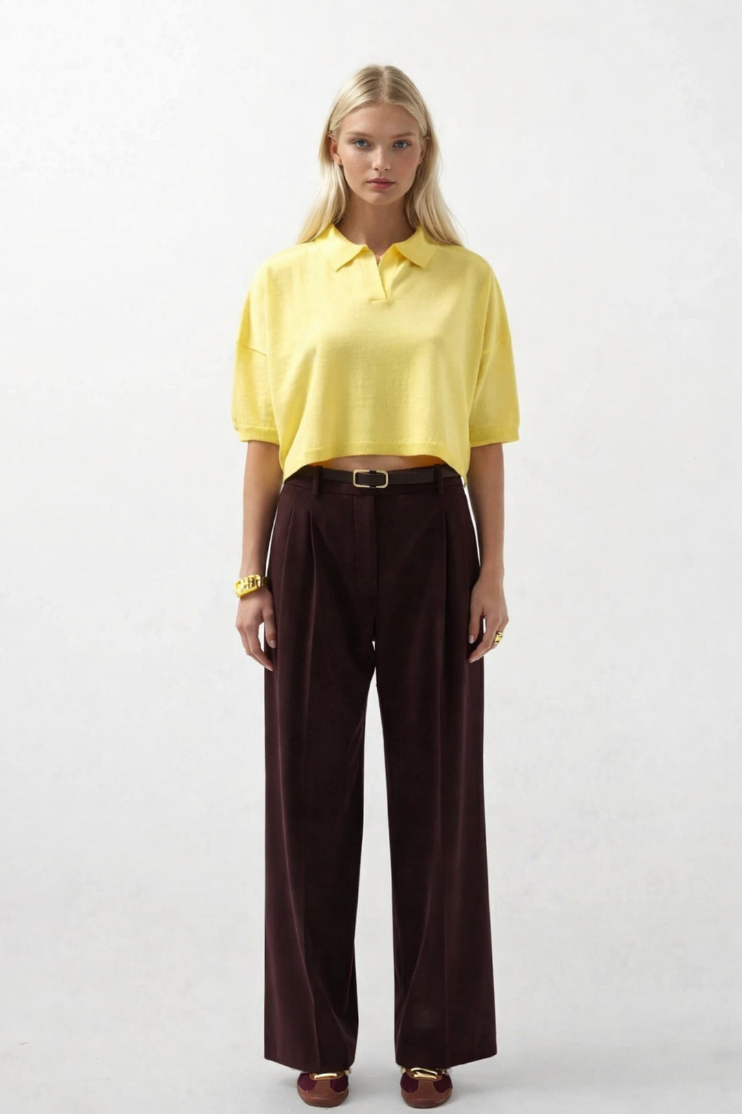 Polo Neck Crop Textured Yellow Blouse 