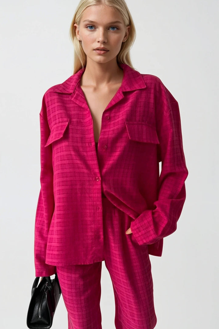 Pocket Fuchsia Shirt Trousers Two Piece Set