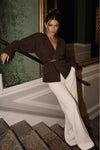 Brown Belt Detail Wrap Collar Knit Cardigan