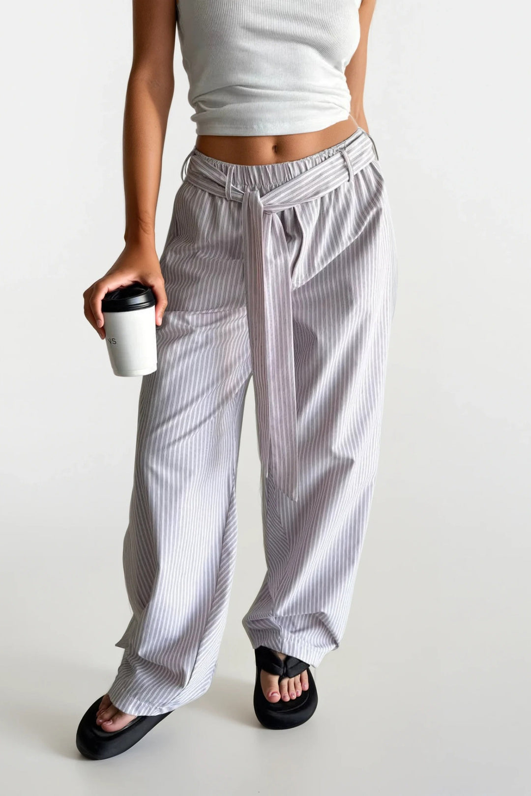 Kuşak Detay Çizgili Pembe Pantolon