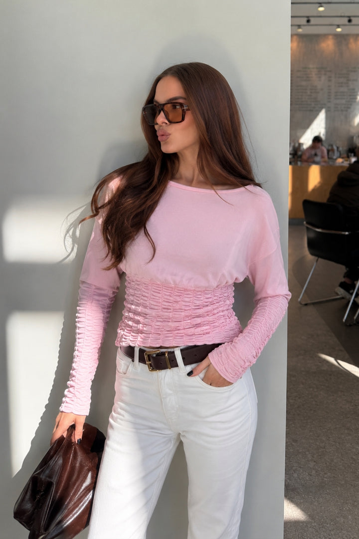 Gipe Detay Bel Oturtmalı Kayık Yaka Pembe Bluz