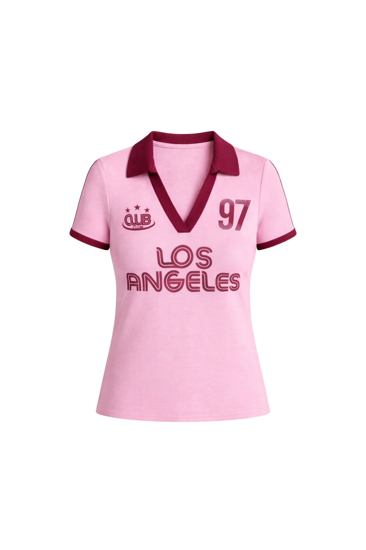 Polo Yaka Çift Renk Baskılı Pembe Crop T-Shirt