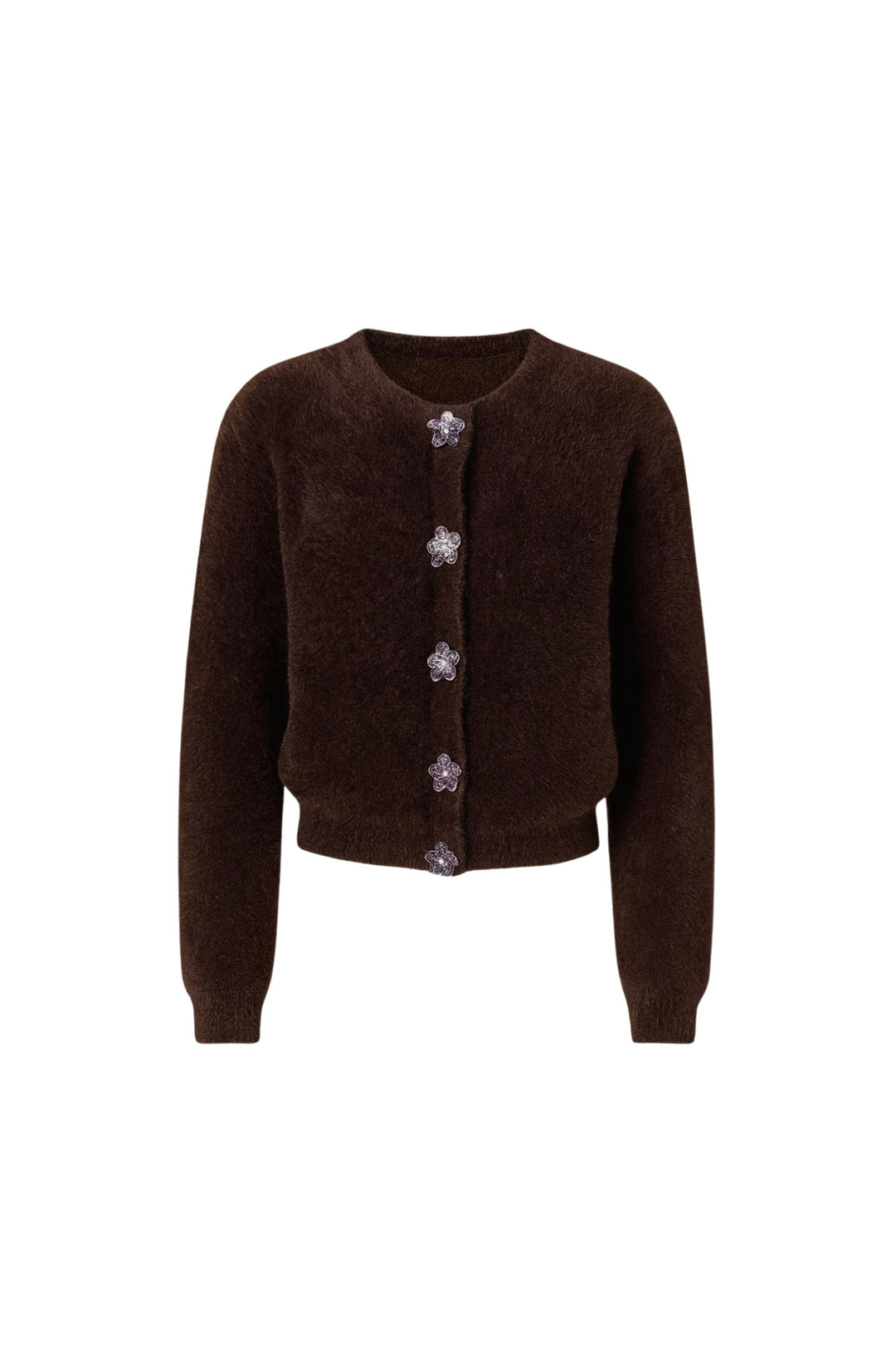 Çiçek Aksesuarlı Yumuşak Dokulu Kahverengi Triko Hırka