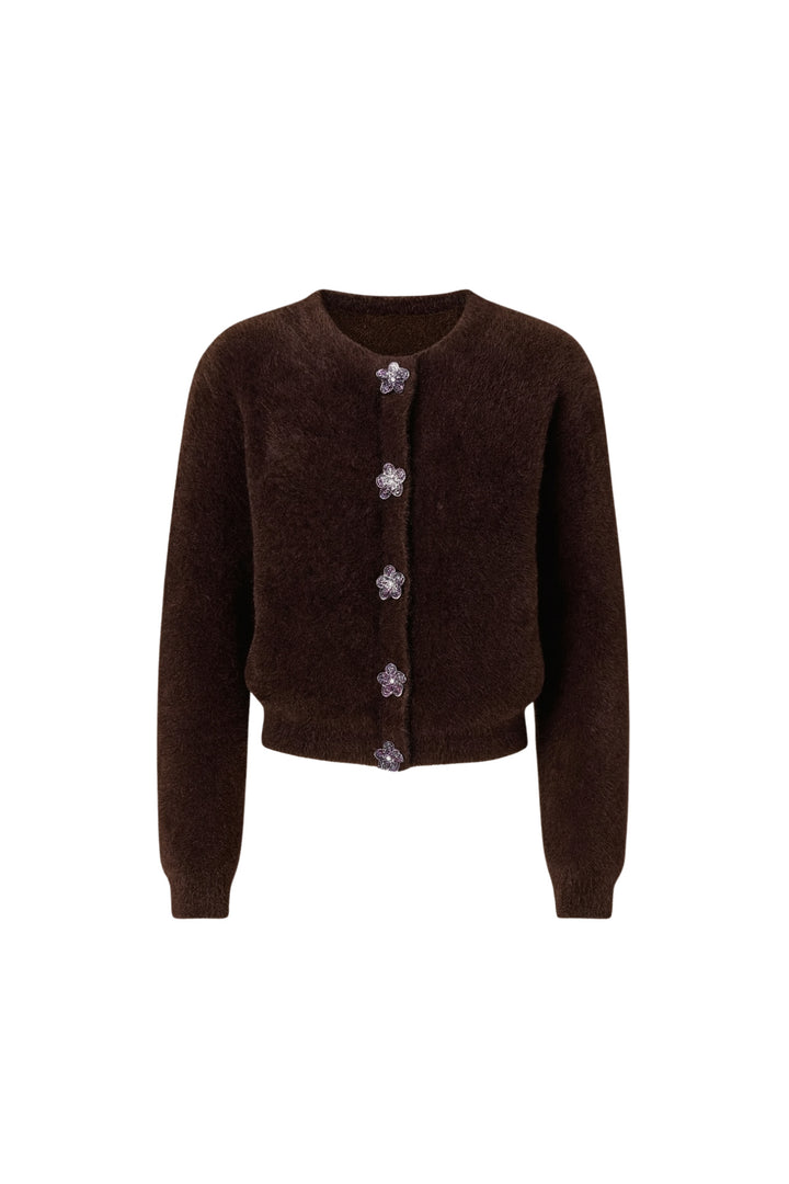 Çiçek Aksesuarlı Yumuşak Dokulu Kahverengi Triko Hırka