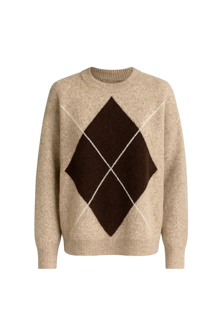 Baklava Desen Bisiklet Yaka Bej Triko Kazak