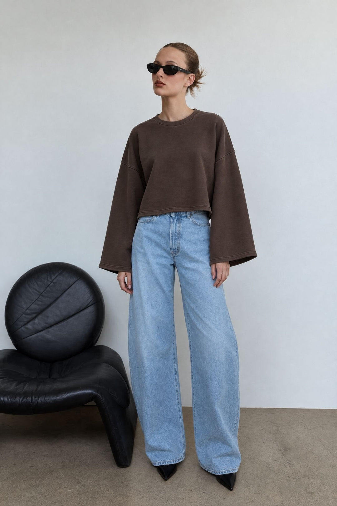 Geniş Kol Bisiklet Yaka Kahverengi Basic Sweatshirt