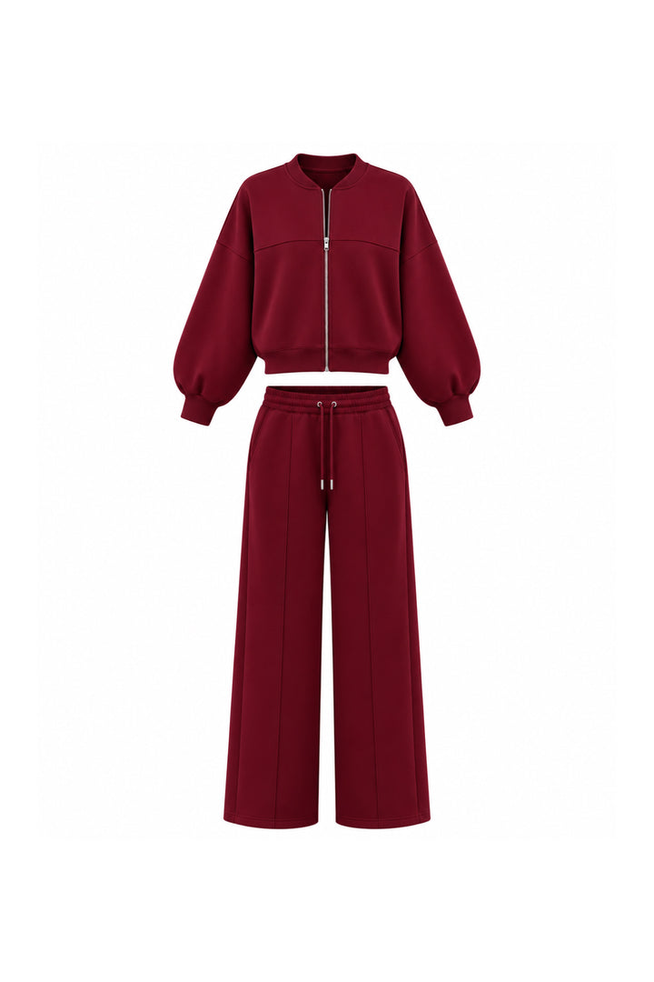 Fermuar Detay Hakim Yaka Sweatshirt Eşofman Bordo İkili Takım