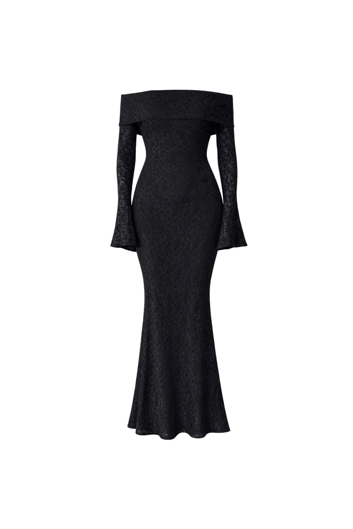 Madonna Yaka Dantelli Siyah Maxi Elbise