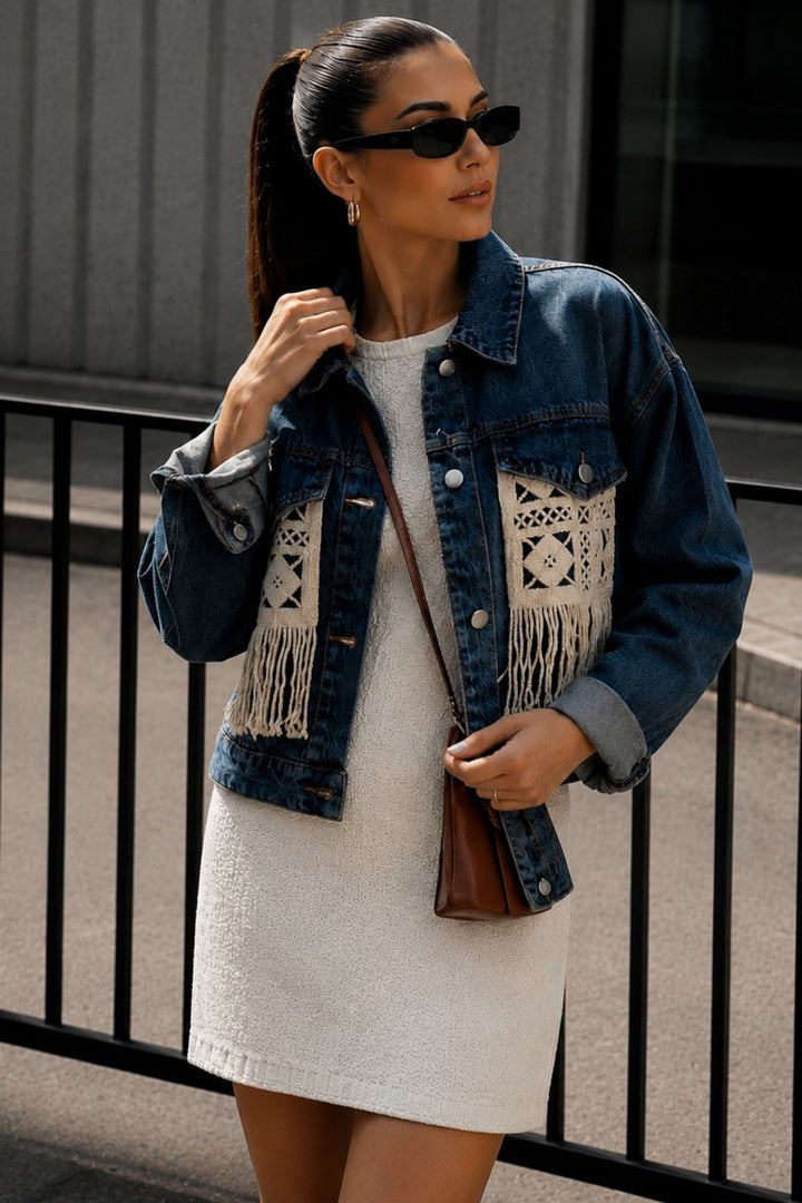 Saçak Detay Basic Koyu Mavi Denim Ceket