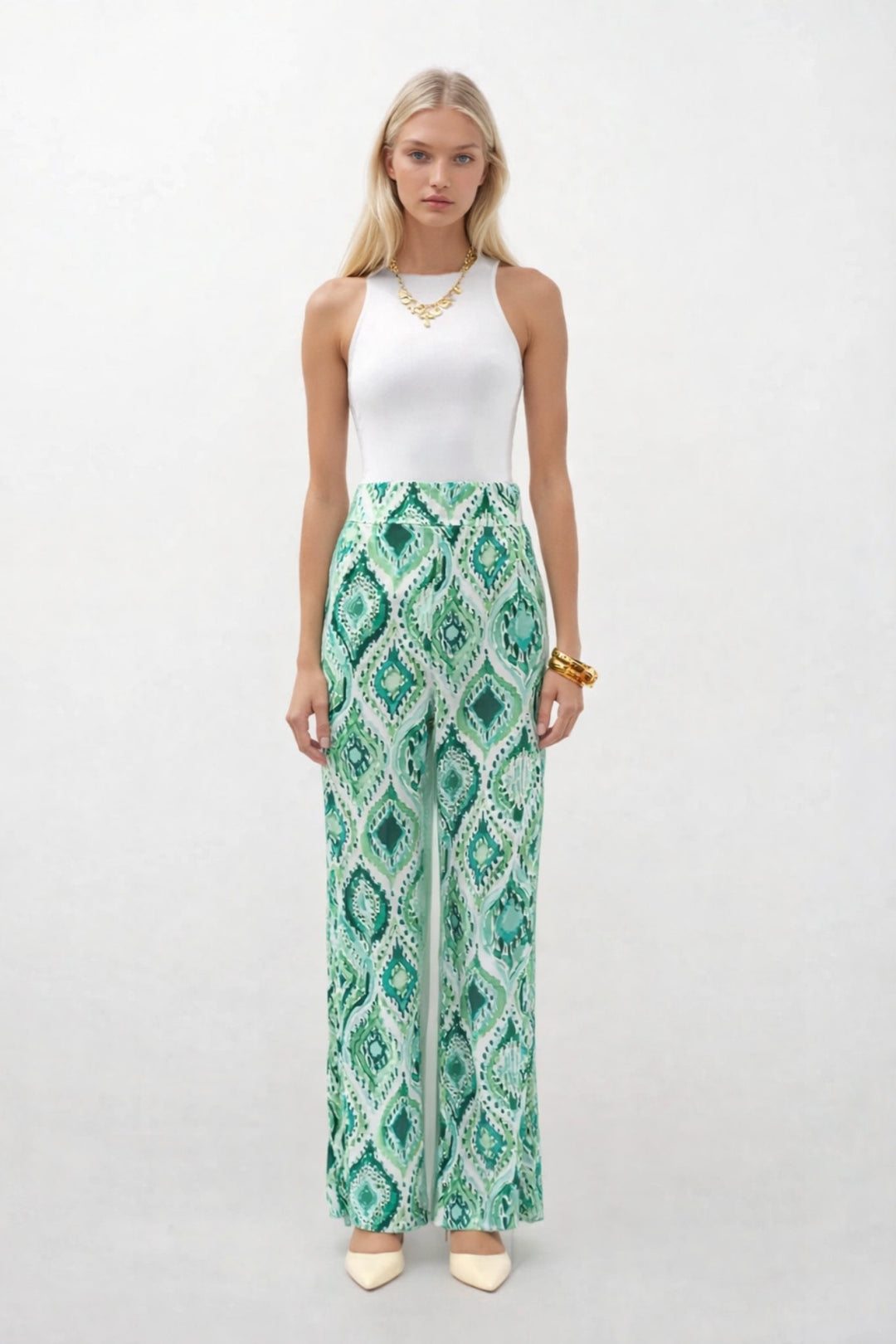 Desenli Saten Yeşil Pantolon