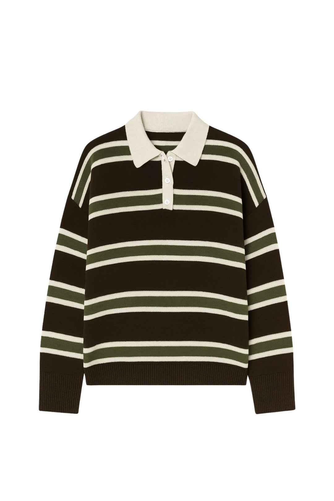 Çizgili Düğmeli Polo Yaka Kahverengi Triko Bluz