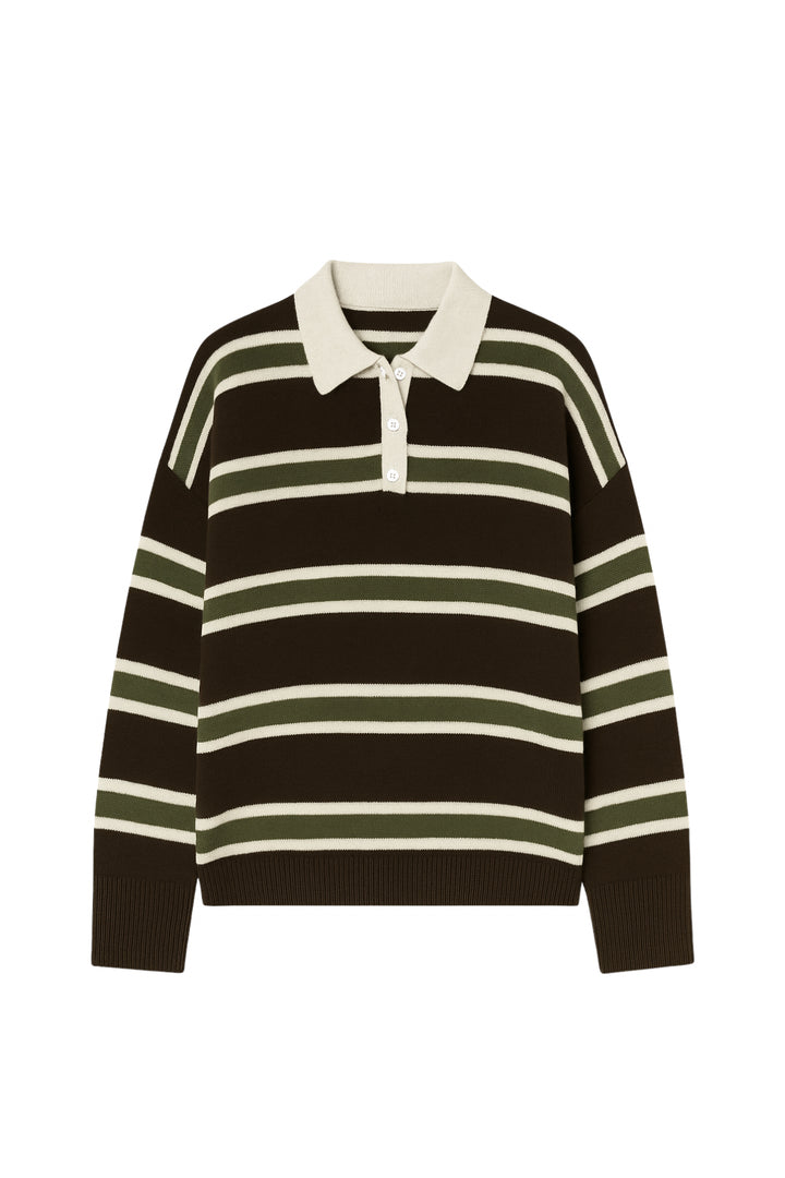 Çizgili Düğmeli Polo Yaka Kahverengi Triko Bluz