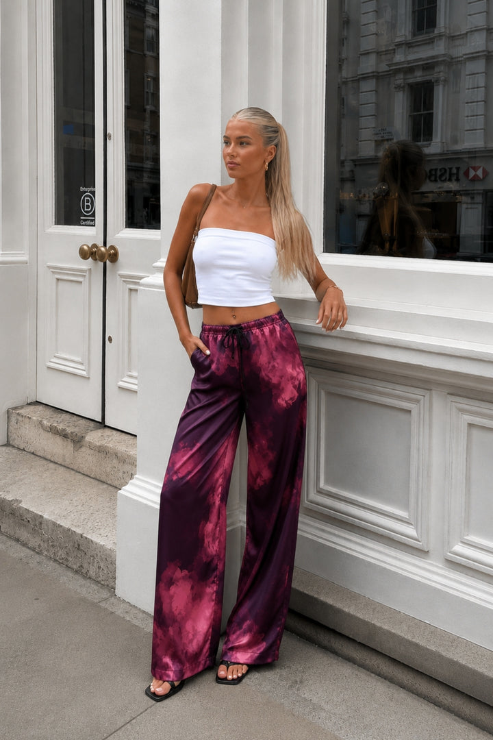 Patterned Satin Burgundy Trousers with Elastic Waistband
