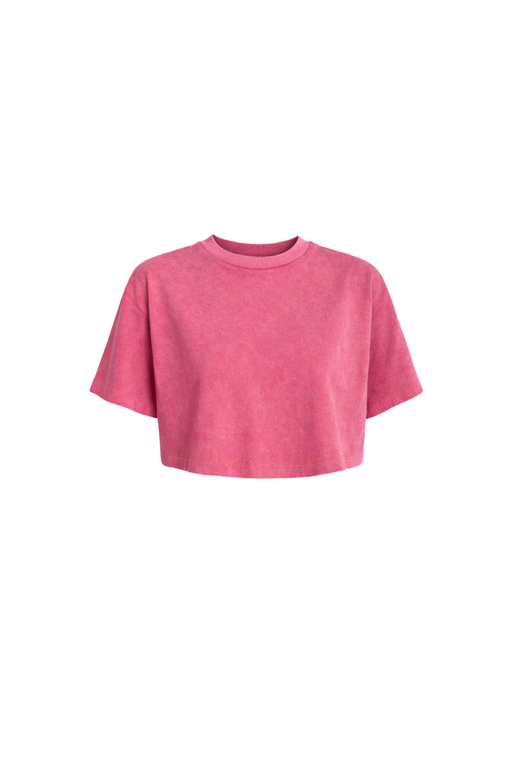 Yıkama Efektli Pembe Crop Tişört