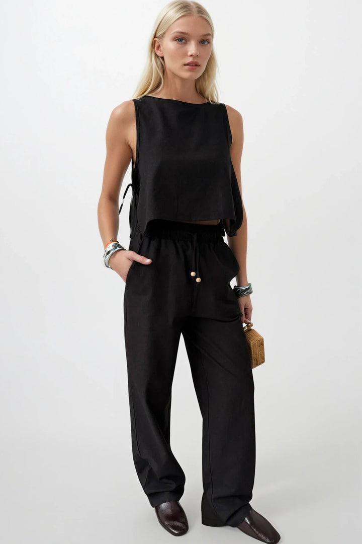 Straight Cut Black Trousers with Tie Waist 
