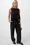 Straight Cut Black Trousers with Tie Waist 