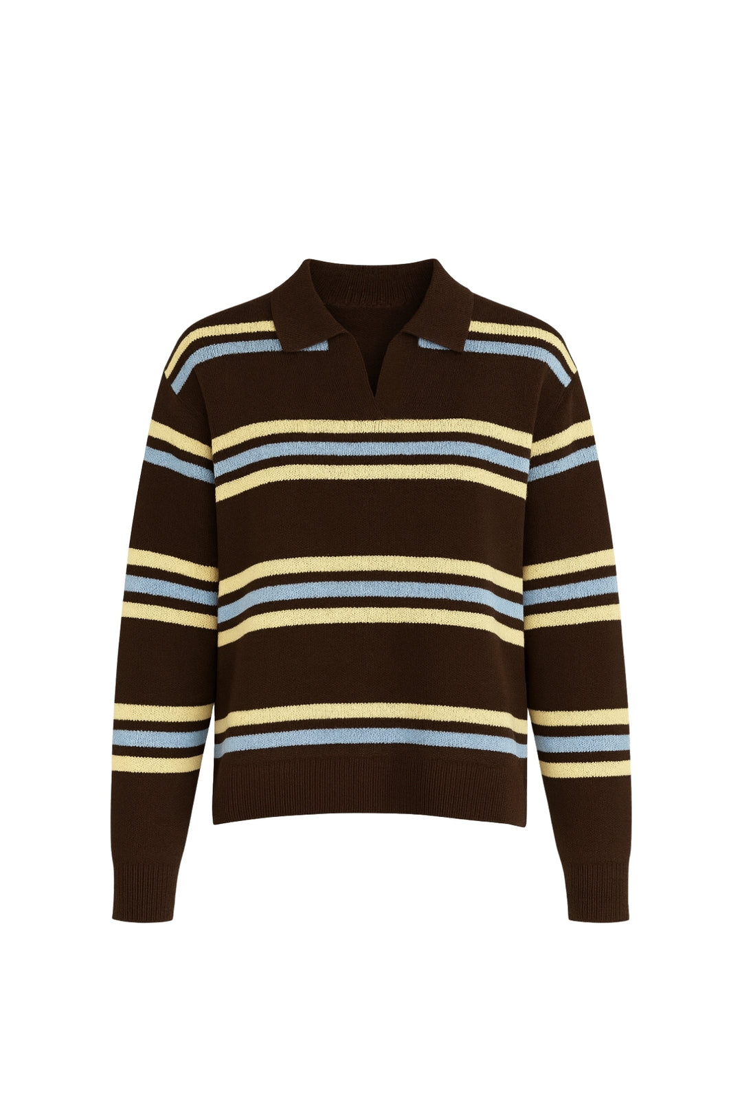 Çizgili Polo Yaka Kahverengi Triko Kazak
