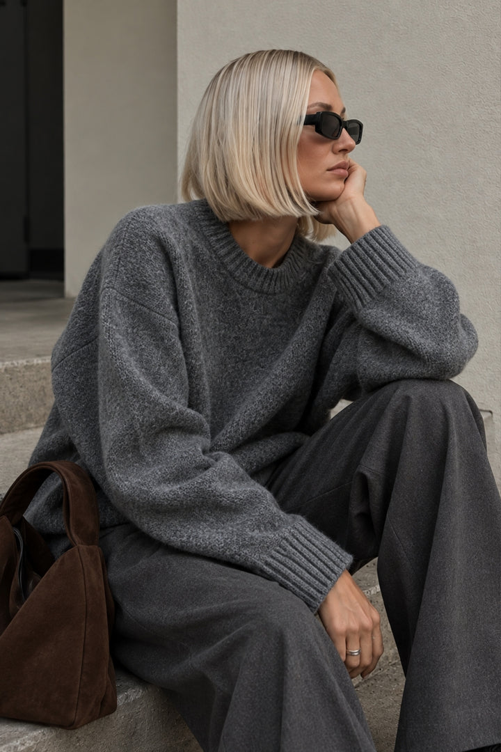 Bicycle Neck Basic Knit Grey Sweater