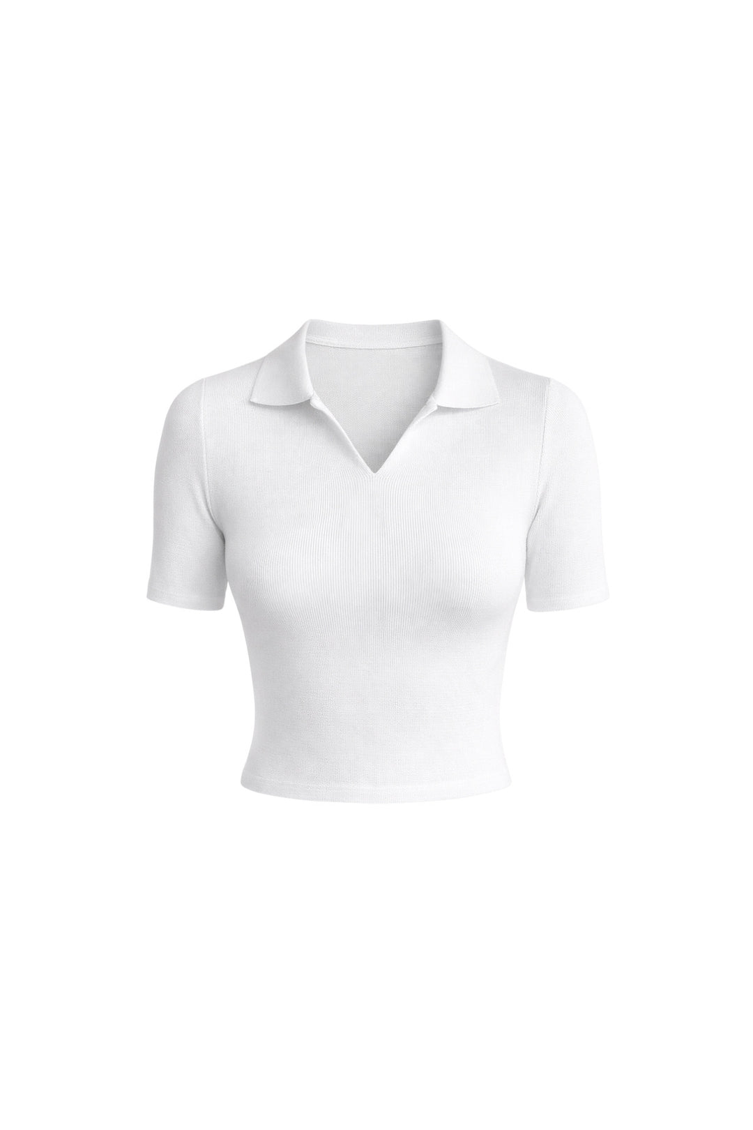 Polo Yaka Beyaz Triko Crop Bluz
