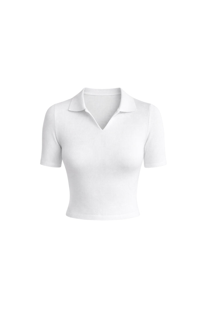 Polo Yaka Beyaz Triko Crop Bluz