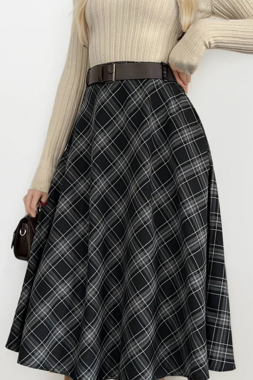 Kemerli Maxi Boy Siyah Ekose Etek