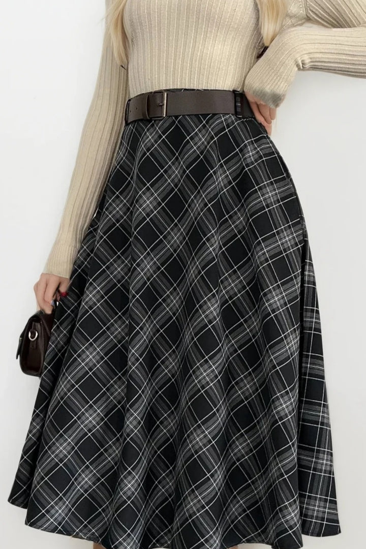 Kemerli Maxi Boy Siyah Ekose Etek