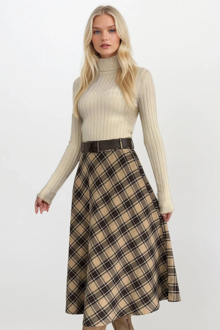 Kemerli Maxi Boy Bej Ekose Etek