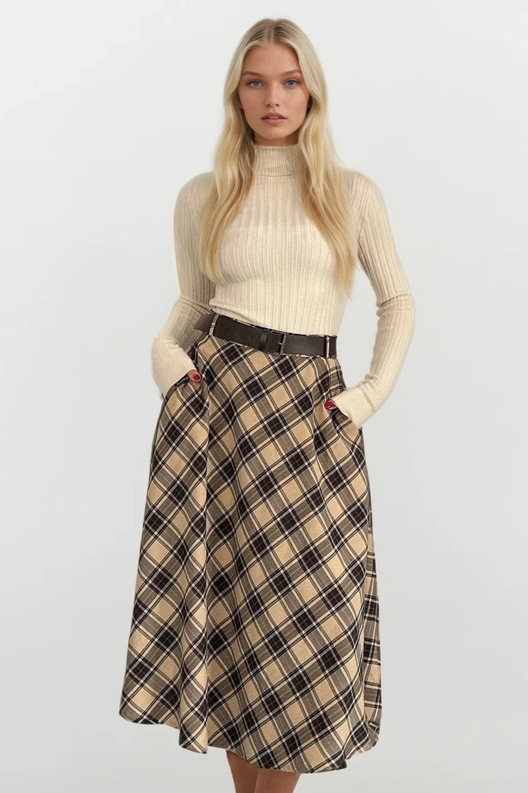 Kemerli Maxi Boy Bej Ekose Etek