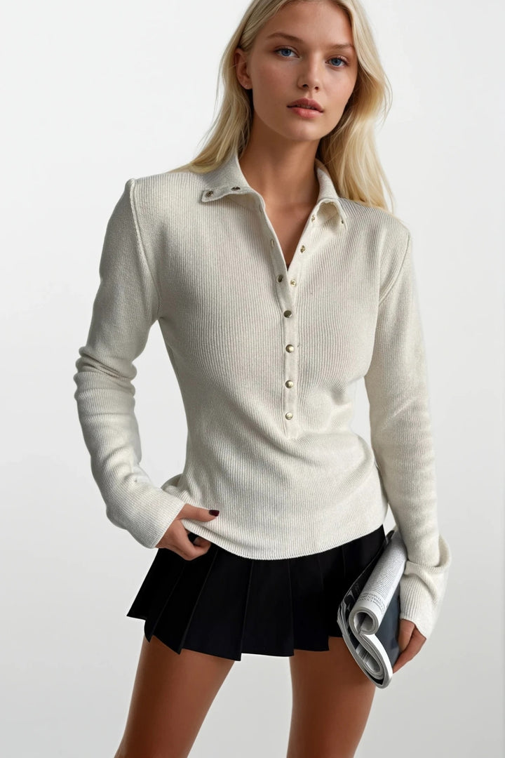 Balıkçı Yaka Çıtçıtlı Ekru Triko Bluz