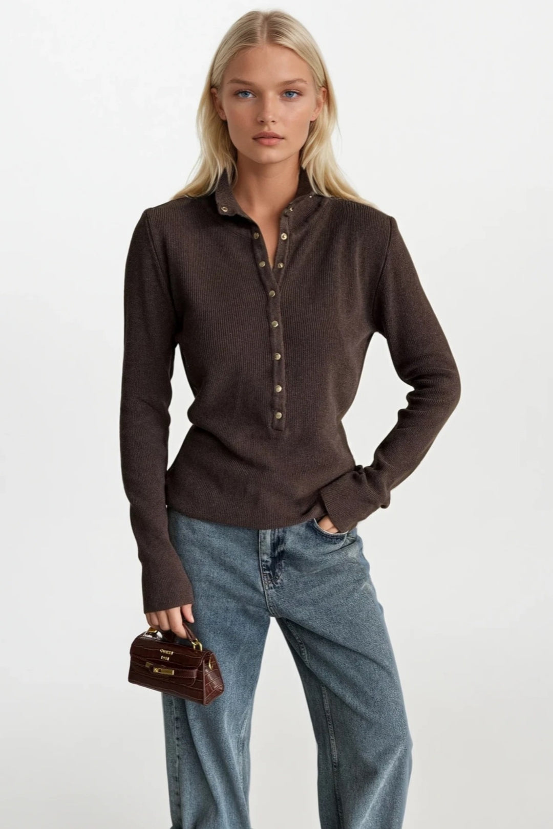 Balıkçı Yaka Çıtçıtlı Vizon Triko Bluz