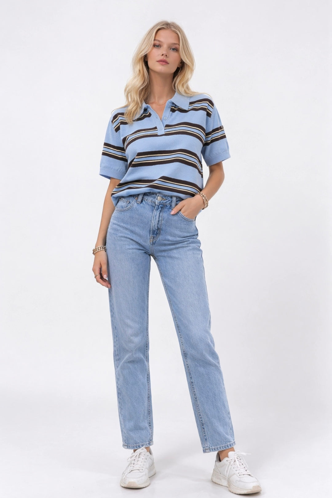 Çizgili Polo Yaka Mavi Triko Bluz