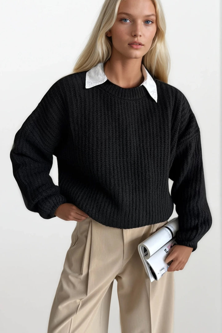 Örgü Detay Basic Siyah Triko Kazak