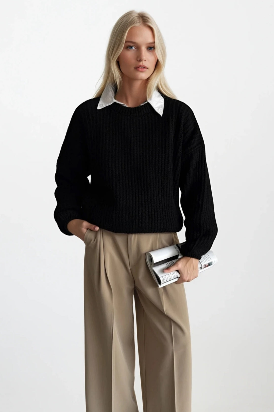 Örgü Detay Basic Siyah Triko Kazak