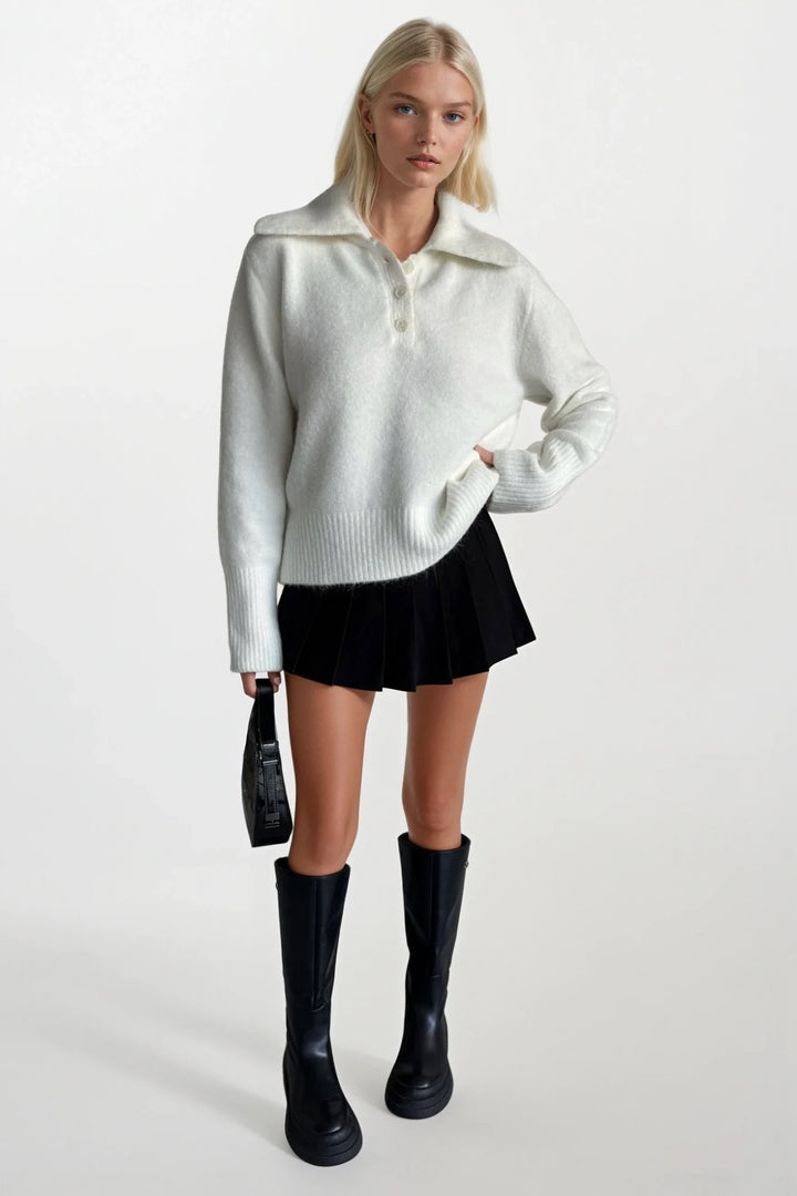 Polo Yaka Ekru Düğmeli Triko Kazak