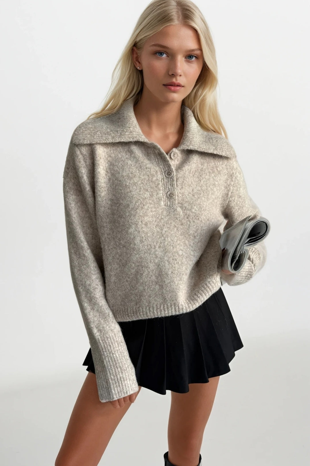 Polo Yaka Bej Düğmeli Triko Kazak