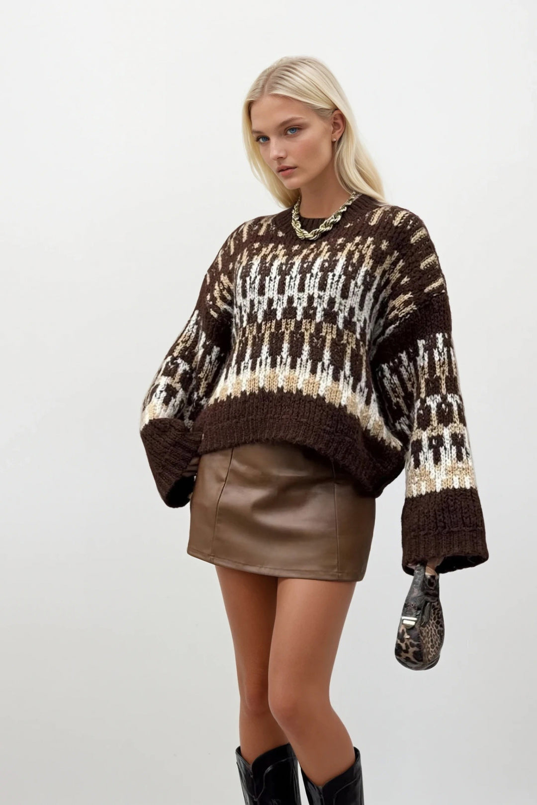 Desenlli Kahverengi Triko Kazak