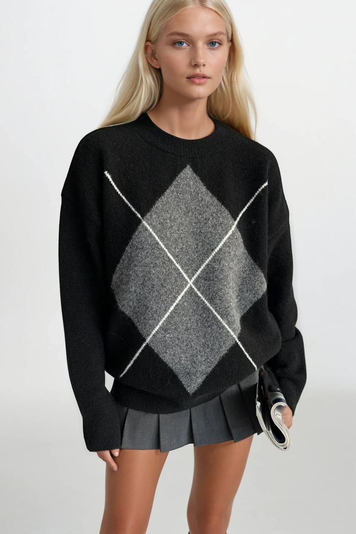 Baklava Desen Bisiklet Yaka Siyah Triko Kazak