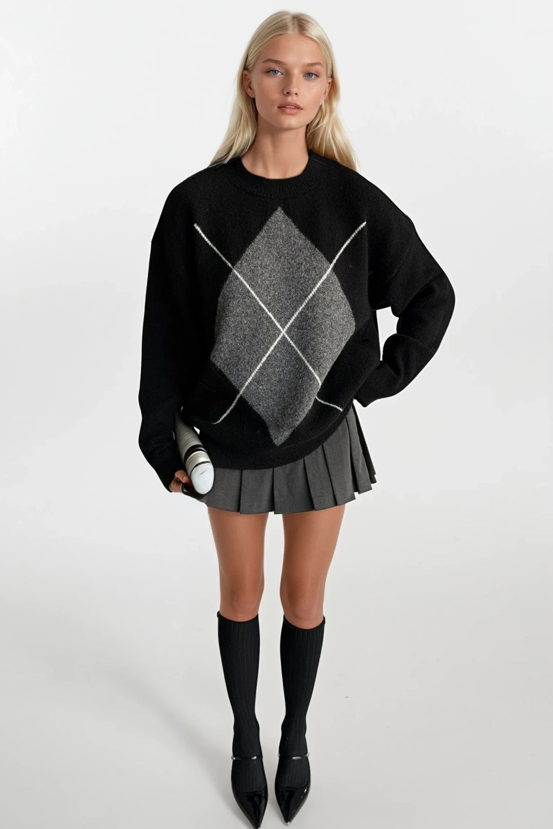 Baklava Desen Bisiklet Yaka Siyah Triko Kazak