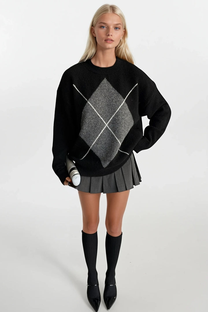 Baklava Desen Bisiklet Yaka Siyah Triko Kazak