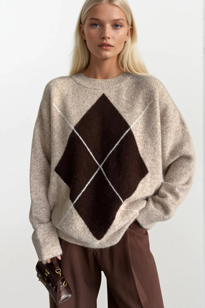 Baklava Desen Bisiklet Yaka Bej Triko Kazak