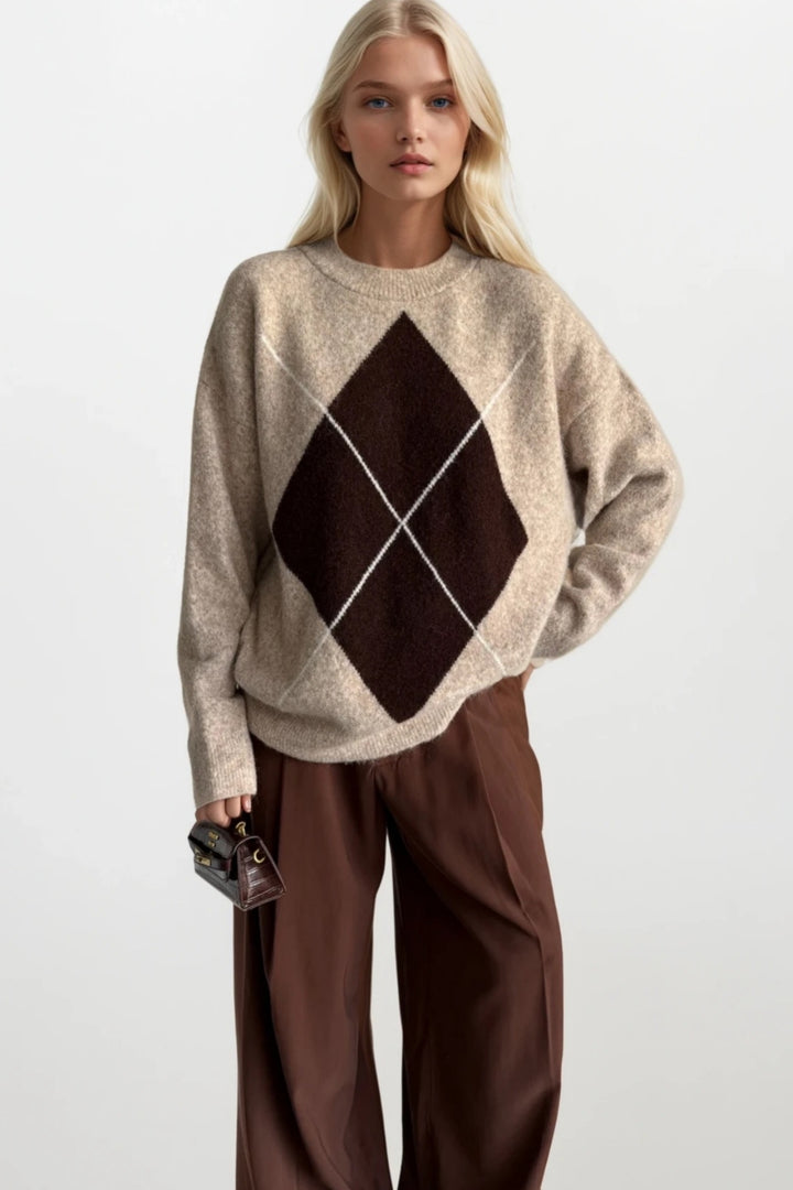 Baklava Desen Bisiklet Yaka Bej Triko Kazak